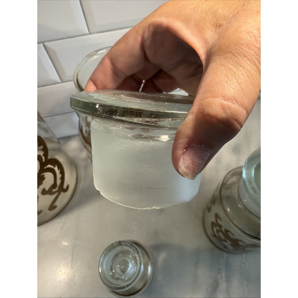 Set Of 5 Antique Clear Glass Apothecary Pharmacy Lidded Jars Gold Hand Decorated - Picture 13 of 16